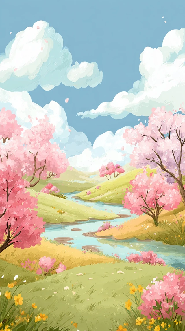 Spring Landscape Watercolor Cherry Blossoms