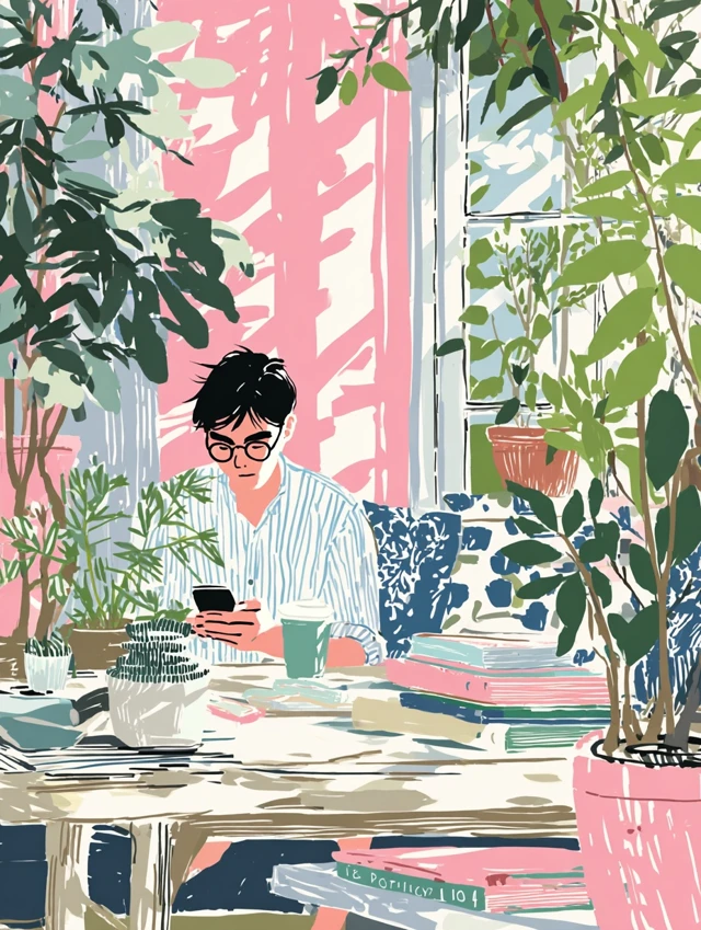 Cafe Scene East Asian Man with Smartphone
