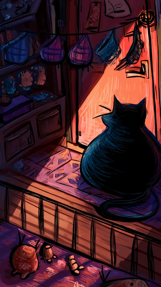 Cozy Cartoon Black Cat Illustration