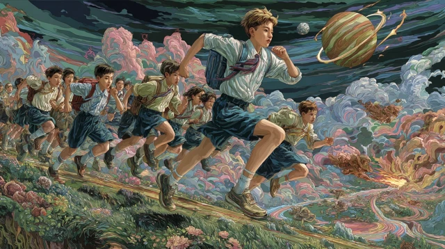 Chinese School Kids Running in Fantasy Artwork