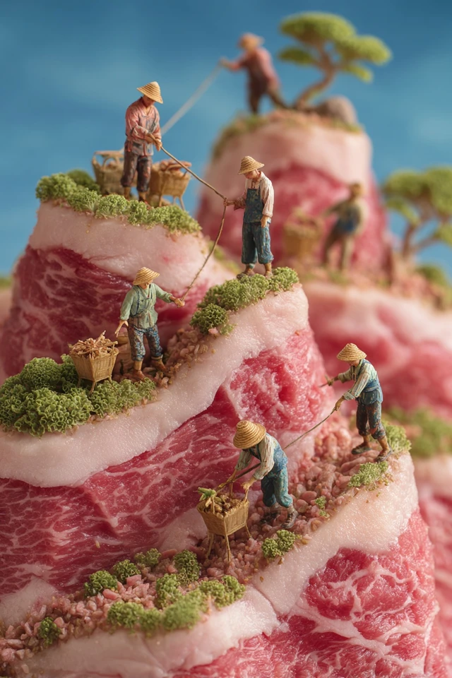 Miniature Chinese Farmers on Meat Mountains