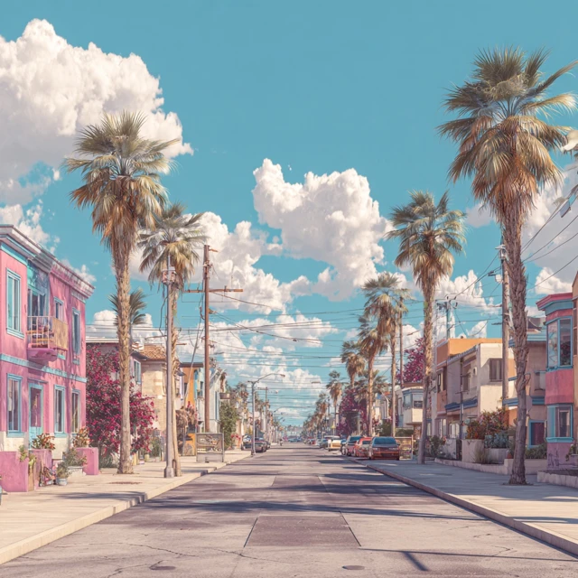 California Street Scene with Palm Trees and Colorful Buildings