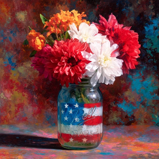 American Flag Mason Jar Flowers Painting