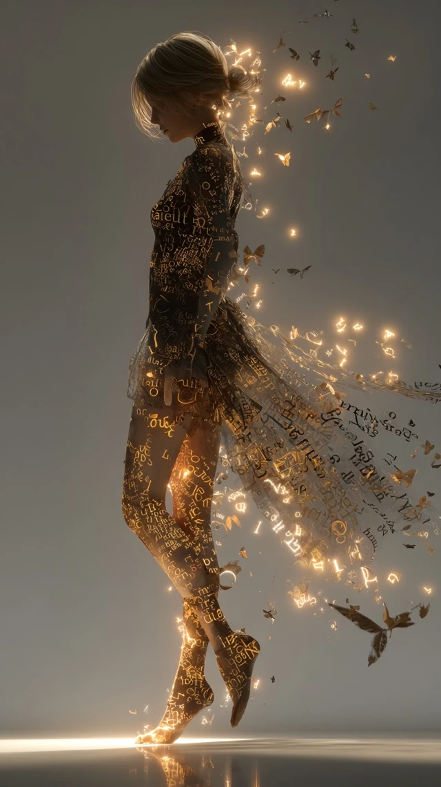 Girl Dissolving into Golden Symbols Dreamlike Art