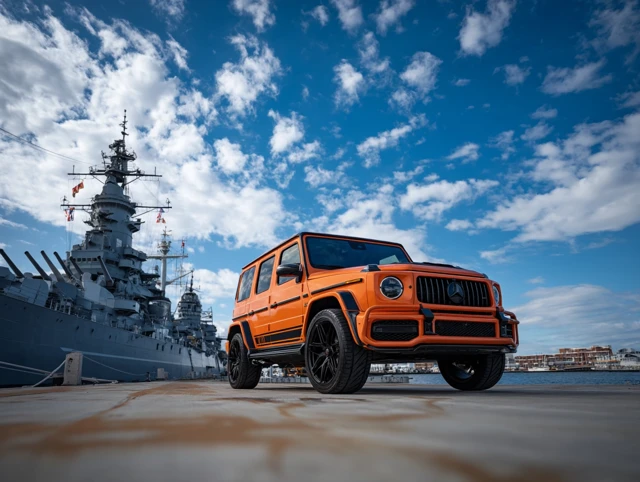 Orange Mercedes Benz G63 AMG 2024 in front of Battleship