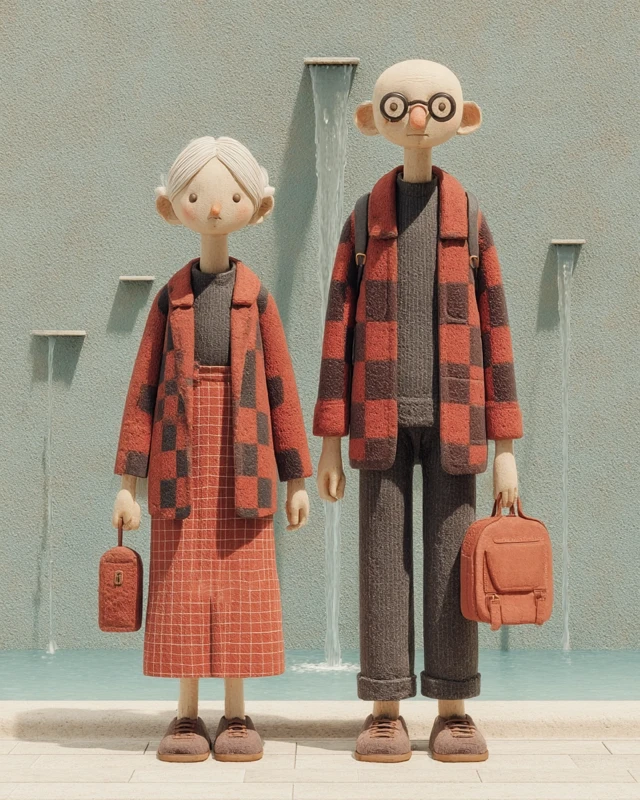 Elderly Couple in Checkered Clothes by Fountain