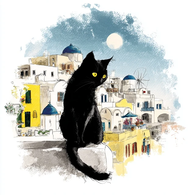 Black Cat Sticker Illustration Greek Village Style