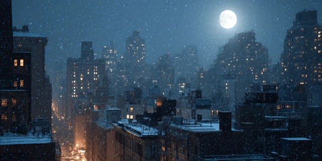 New York City Rooftop Winter Night Snowfall