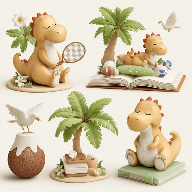 Cute Cartoon Dinosaurs Playing Sports and Reading