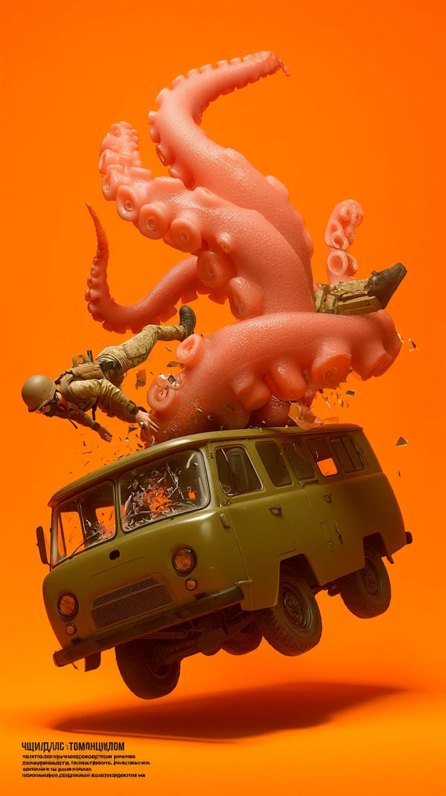 Giant Tentacle Attacks Military Van - Surreal Action Poster