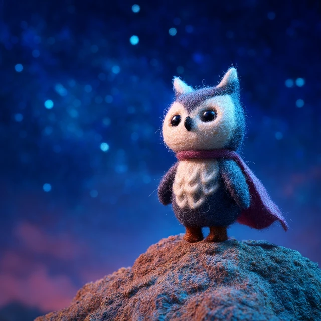 Cute Owl Hero Felt Figurine Stargazing at Night