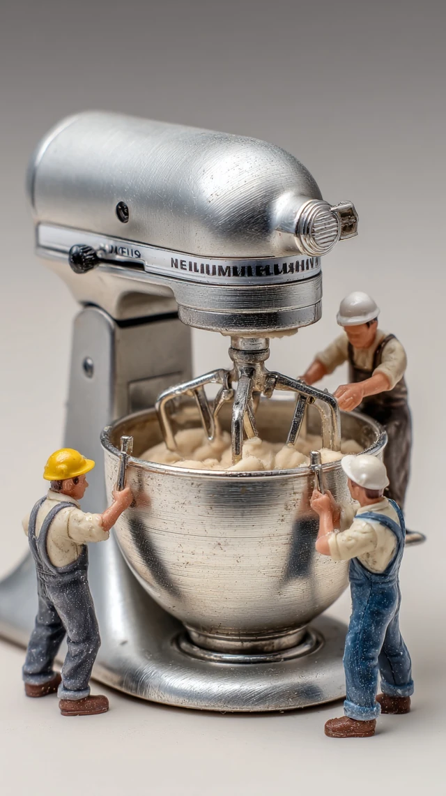 Miniature Bakers Mixing Dough Realistic Details