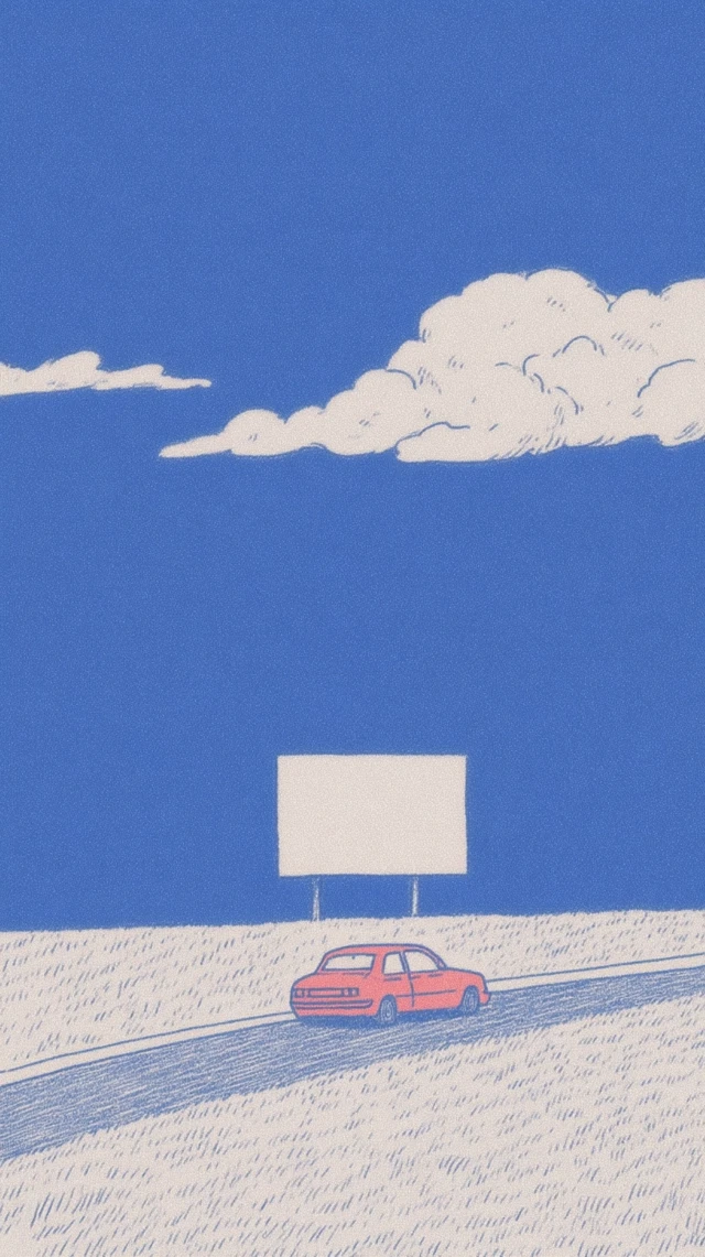 Red Car on a Lonely Road Cartoon Illustration