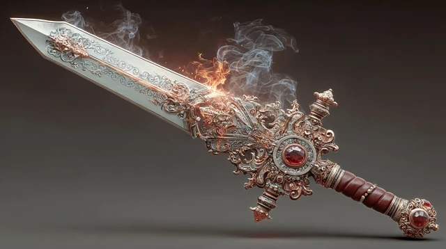Flaming Sword with Ruby Hilt: Fantasy Weapon Art