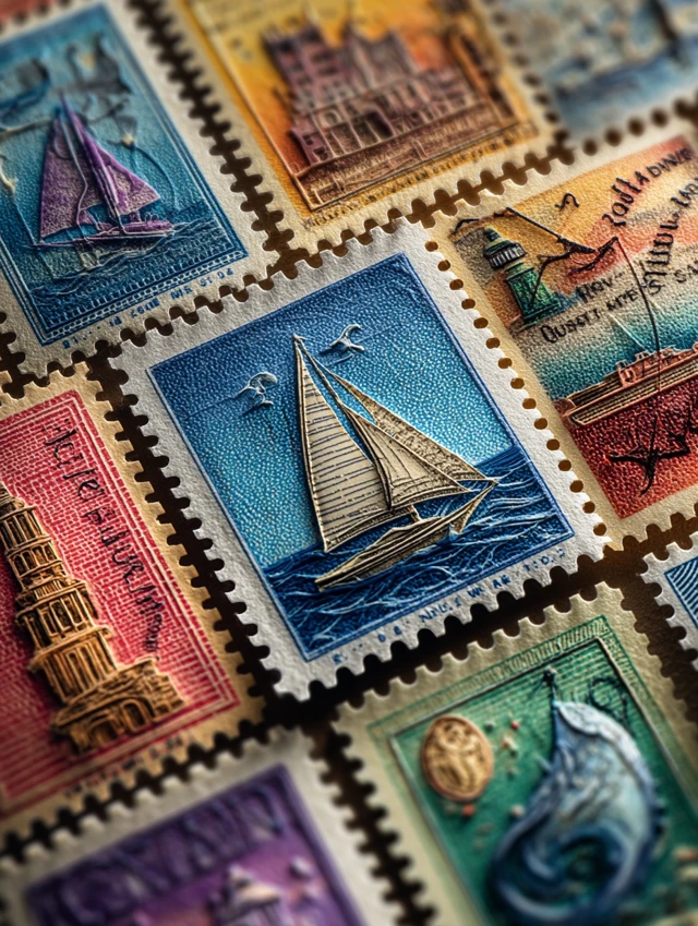 Retro Stamps Collection Sailing Buildings Earth and Books
