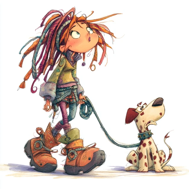 Quirky Girl and Dog Cartoon Illustration