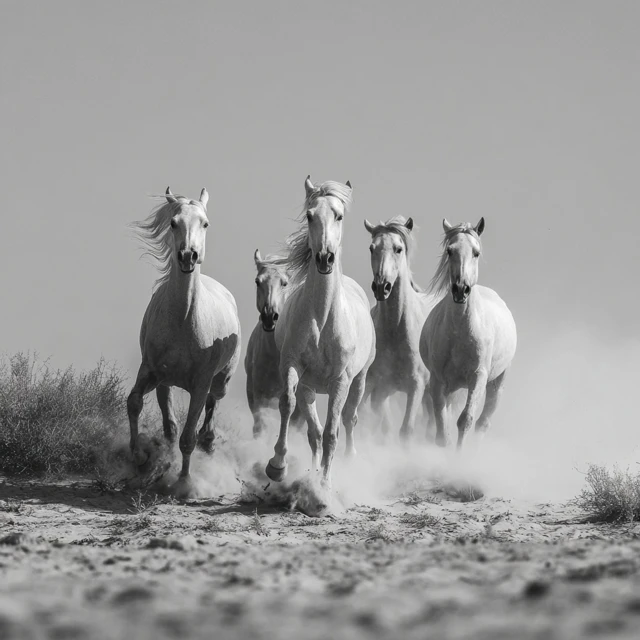 Akhal Tekes Horses Running in the Desert Black and White