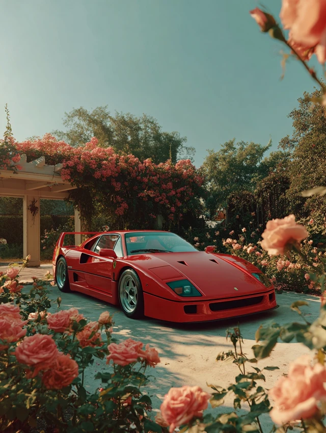Ferrari F40 in Garden Roses Blue Sky Photography