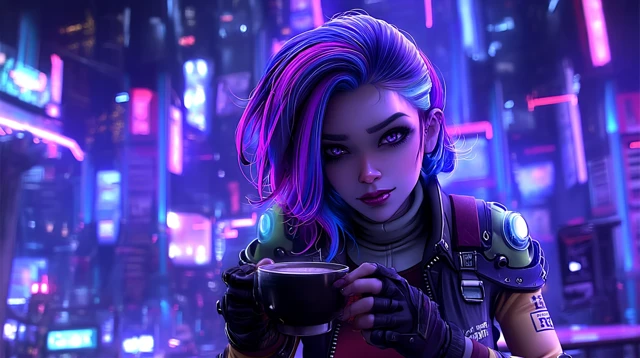 Cyberpunk Girl with Coffee in Neon City