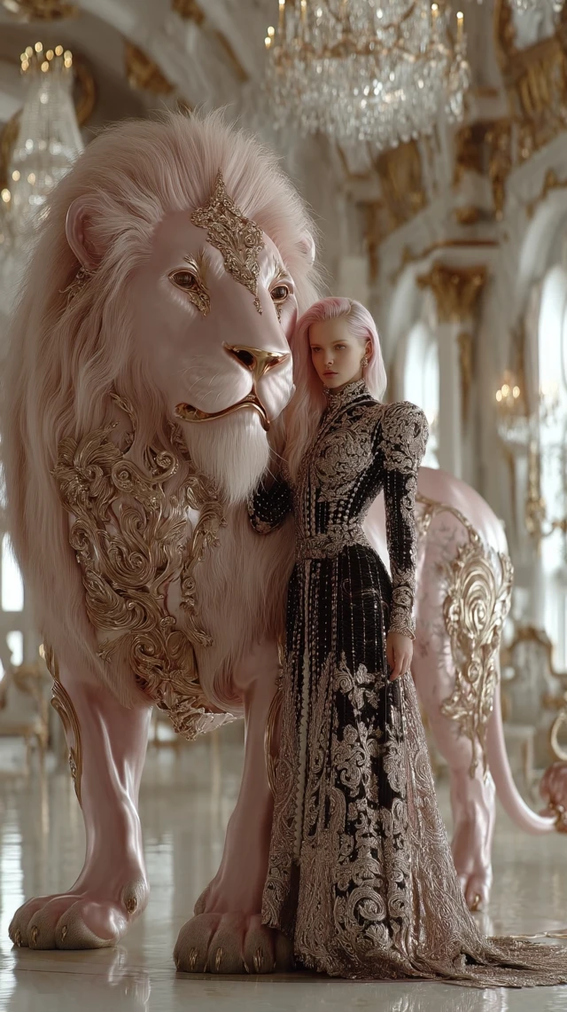 Fantasy Scene Woman and Lion in Pastel Palace