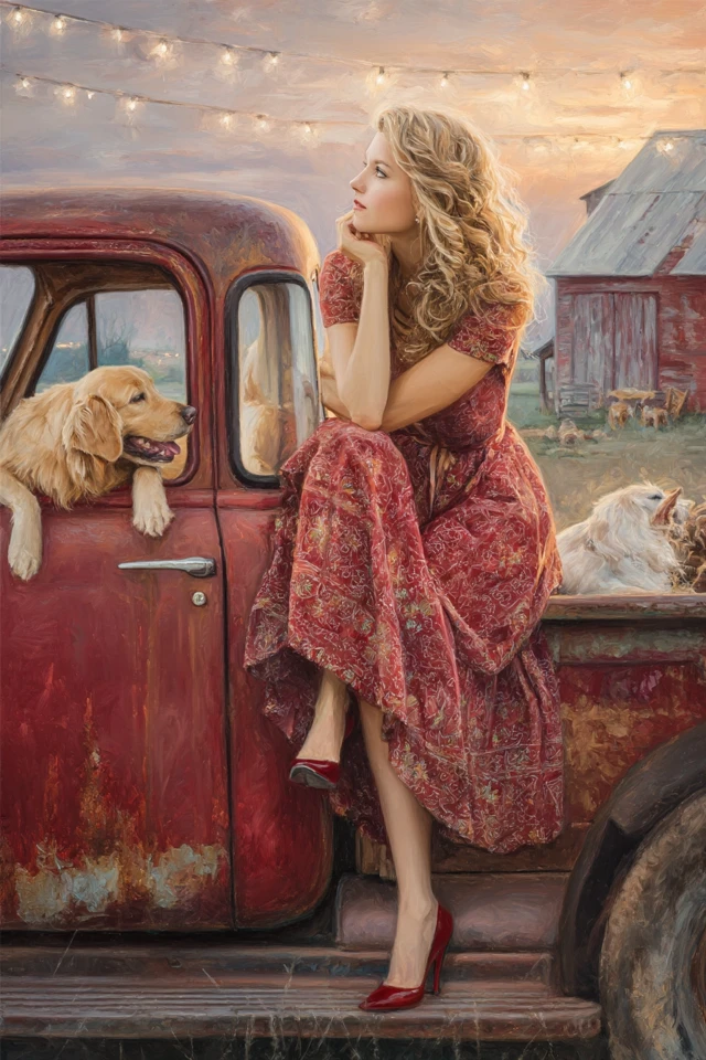 Romantic Country Scene Woman Truck Golden Retriever