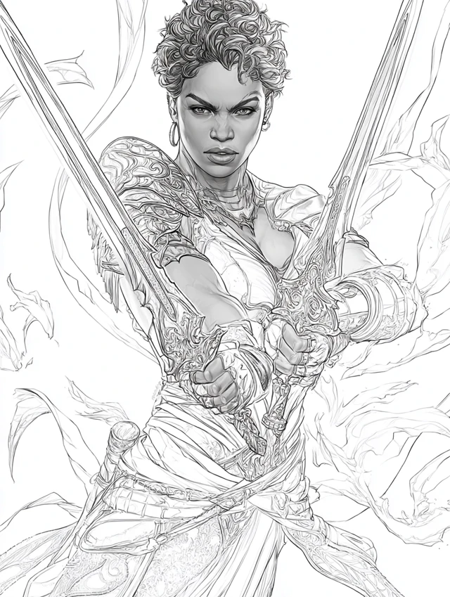 Black Female Warrior with Dual Swords Line Art