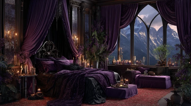 Fantasy Bedroom Purple Velvet Bed Night View