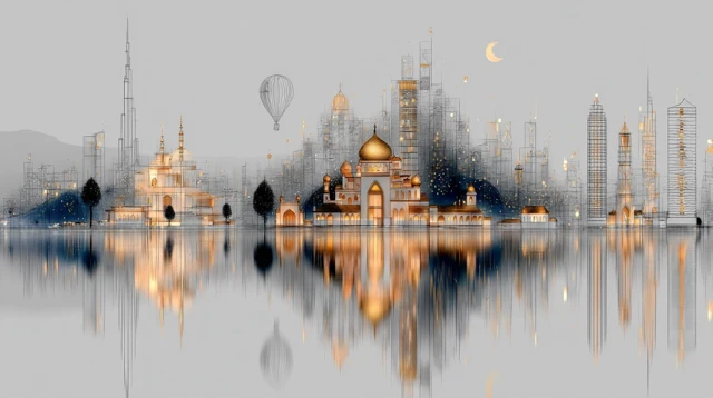 Dubai Skyline Minimalist Art with Reflections and Gold