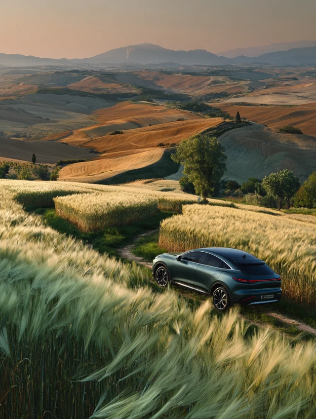 Electric SUV in Wheat Field Cinematic Scene