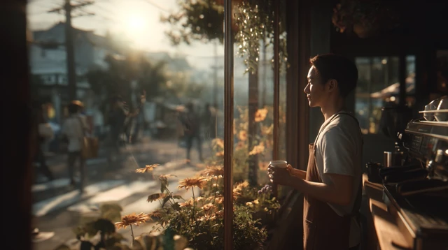 Cafe Scene Asian Barista with Calm Morning