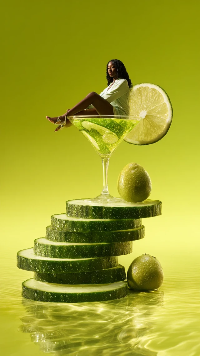 Woman in Cucumber Martini Advertising Photo