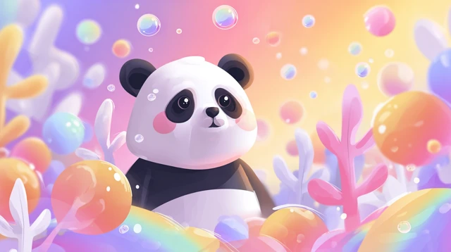 Cute Panda Cartoon Design Love Bubbles Rainbow