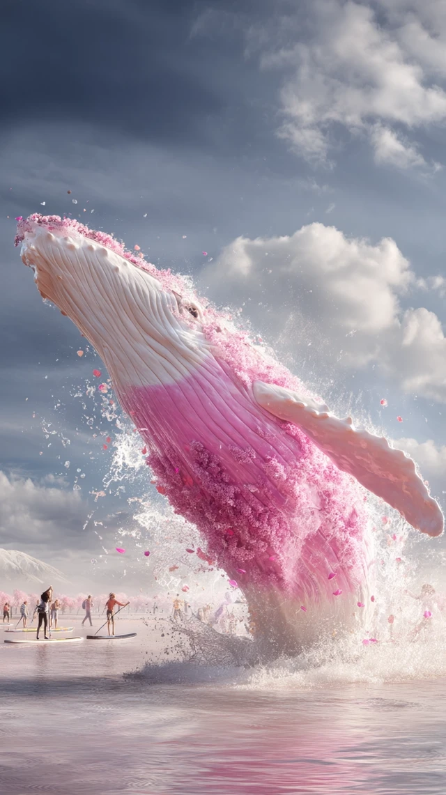 Pink Whale Breaching Lake, Chinese Crowd