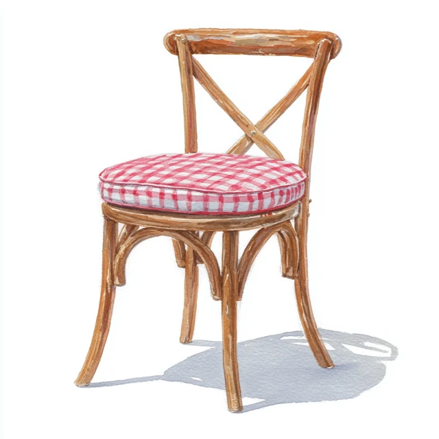 Watercolor Painting Wooden Chair with Red Checkered Cushion