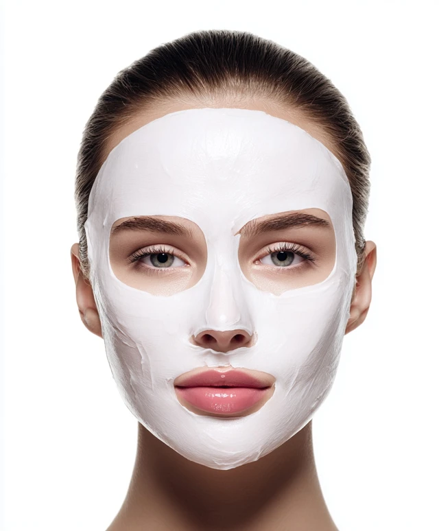 Female face with facial mask on white background
