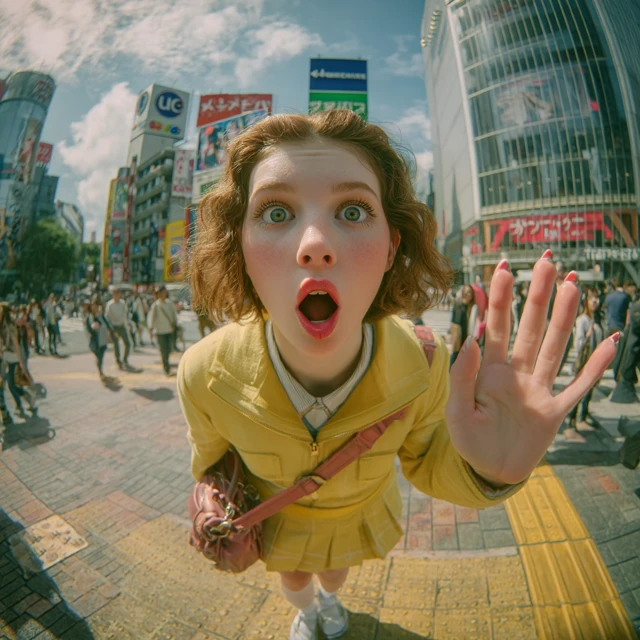 Tokyo Shibuya Crossing Candid Photo Woman Surprise