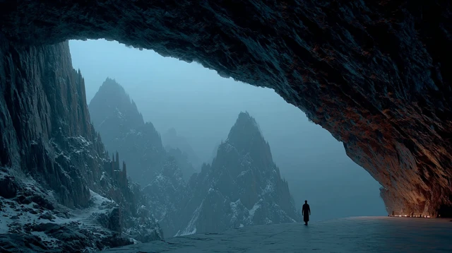Futuristic Explorer in a Coastal Cave Landscape