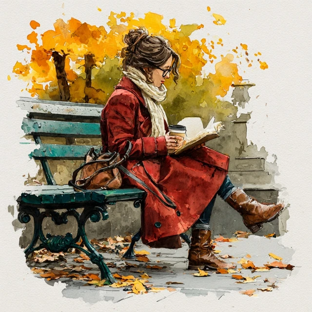 Autumn Reading Woman on Bench Watercolor Art