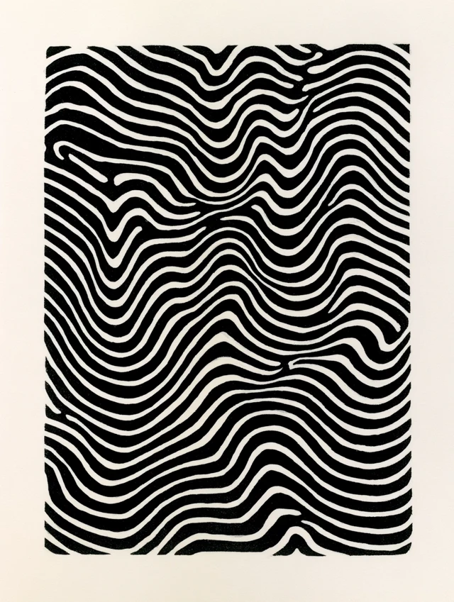 Black and White Wavy Line Art Linocut Print