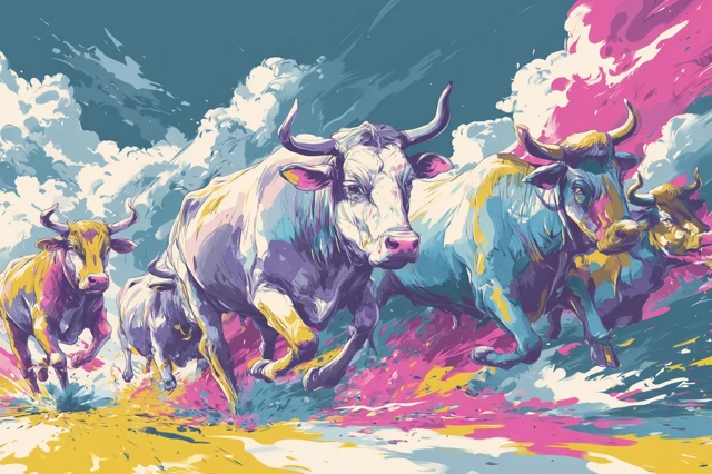 Colorful Cartoon Cows Running Abstract Illustration