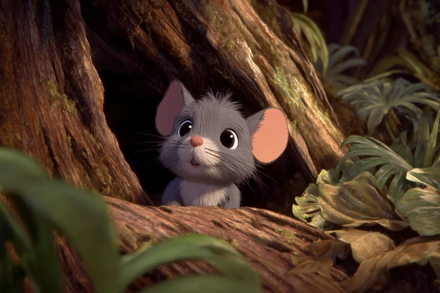 Cute Baby Mouse Peeking from Tree Hollow