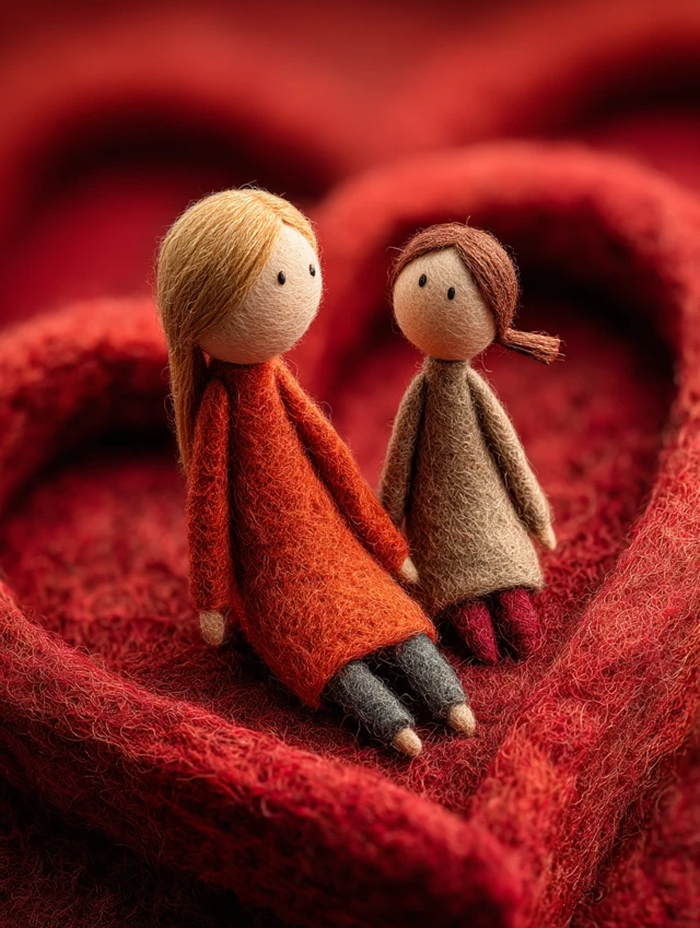 Mother and Daughter Dolls on Red Wool Heart