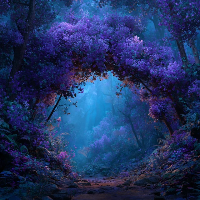 Enchanted Forest Path Glowing Purple Flowers