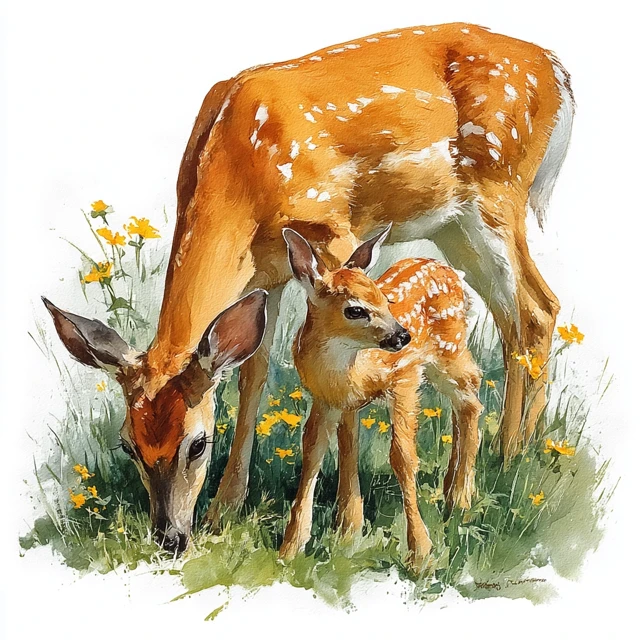 Watercolor Deer Illustration Mother and Fawn Grazing