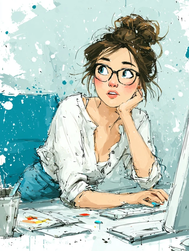Girl at Desk Hand Drawn Illustration