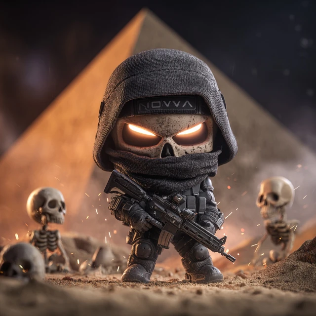 Chibi Armored Warrior with Demonic Eyes and Rifle