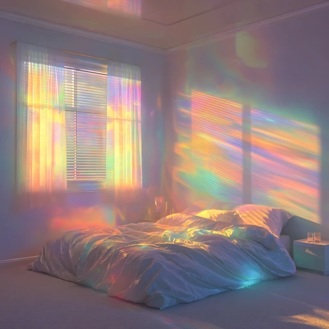 Dreamy Bedroom with Rainbow Light and Pastel Colors