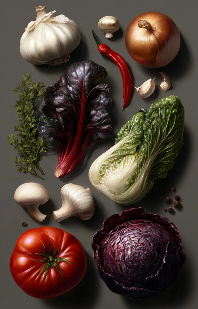 Realistic Vegetable Still Life on Grey Background