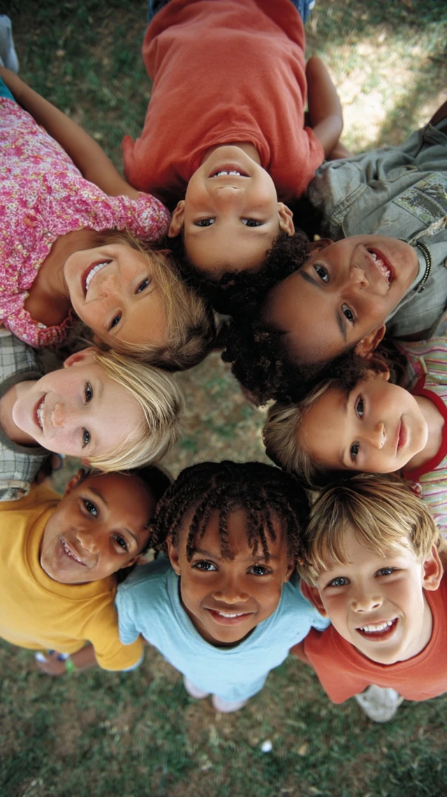 Diverse Kids Smiling in a Circle Top Down View
