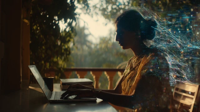 Indian Woman Coding with AI Hologram